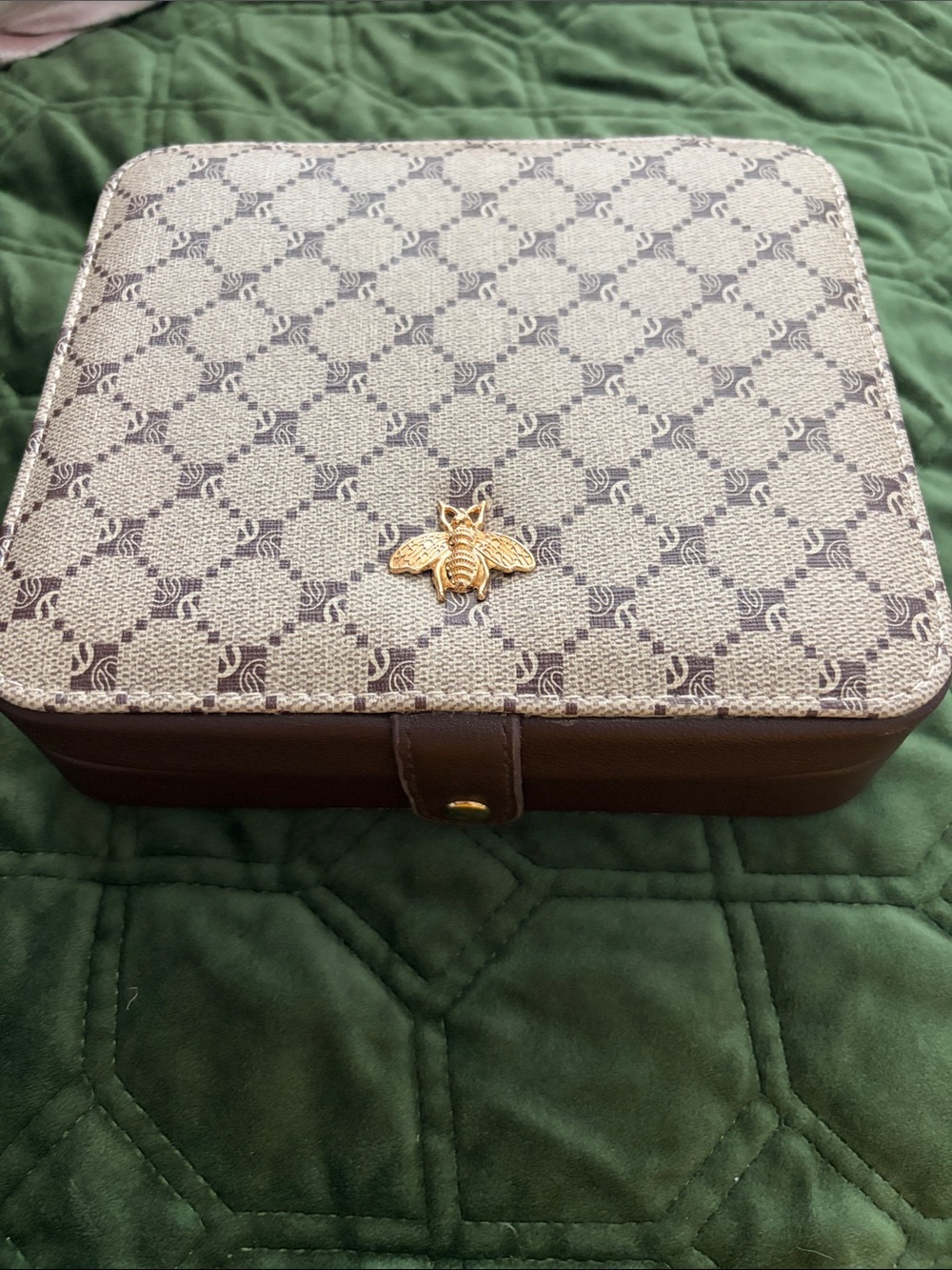 Jewelry organizer dark brown & beige repeating motif faux leather travel box.